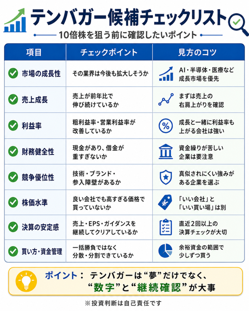 テンバガー候補を探すためのチェックリスト。市場成長性、売上成長、利益率、財務健全性、競争優位性、株価水準、決算の安定感、資金管理を確認する表。