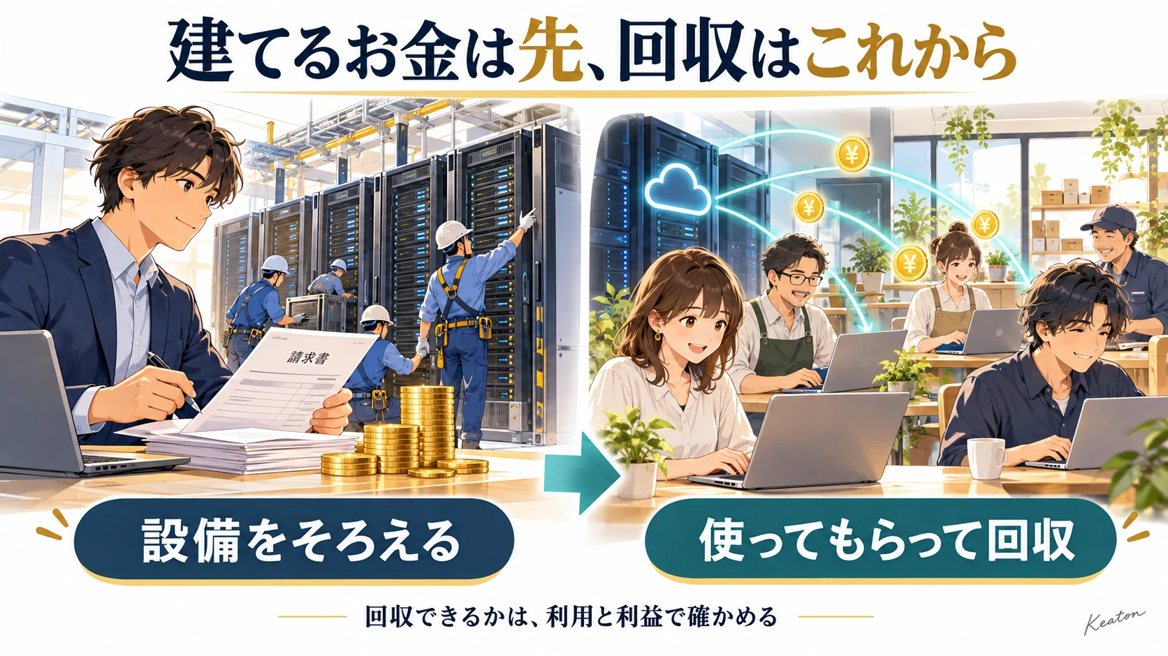 設備の支払いが先に来て、利用料の回収は後に続くことを描いたイラスト。